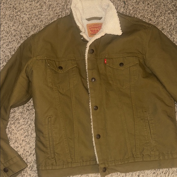 Levi's Men's Olive Khaki Sherpa Lined Trucker Denim Jacket Size Large - Picture 2 of 13